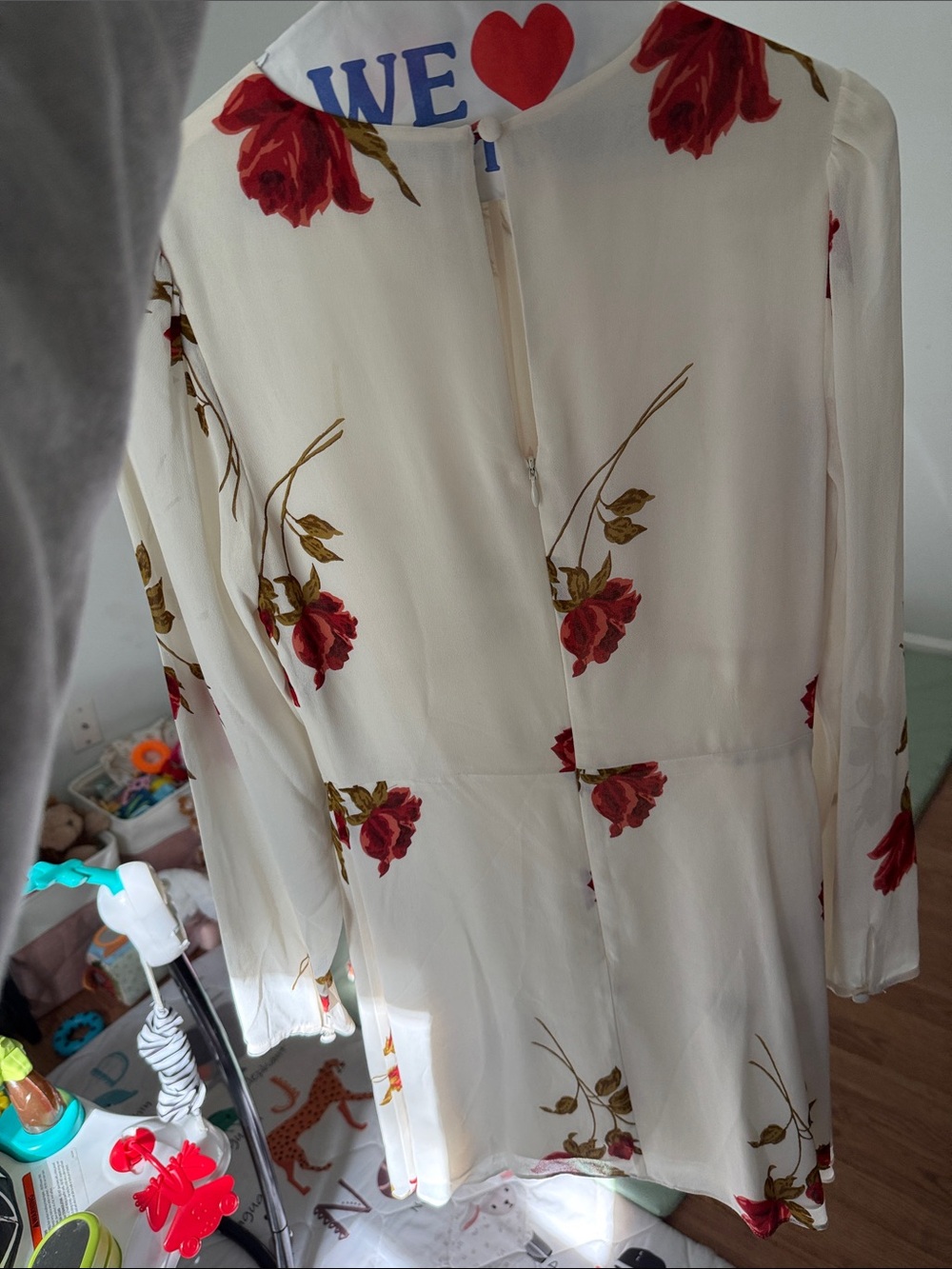 Ivory Floral Long-Sleeve Dress with Red Rose Print - Picture 2 of 2